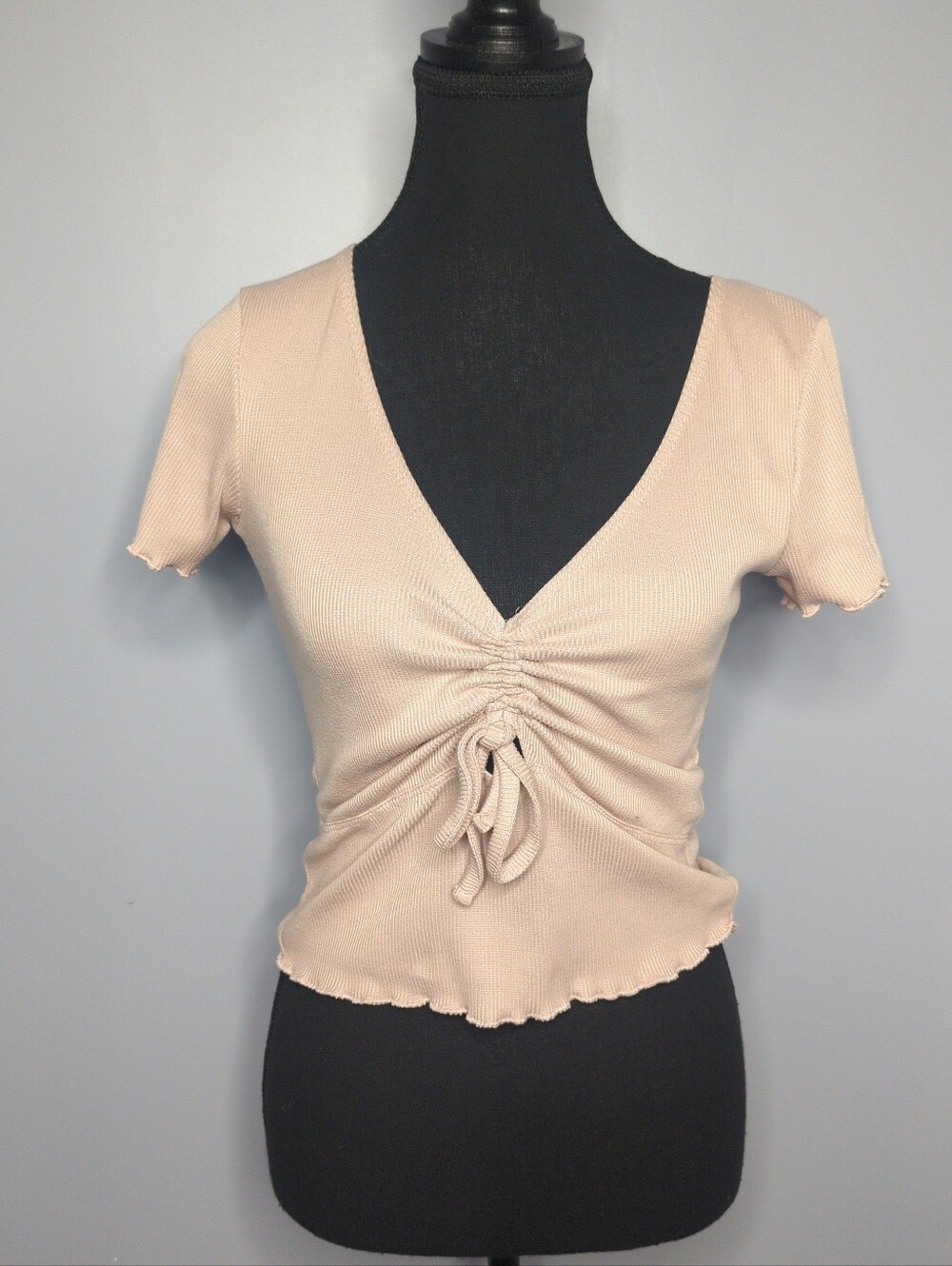Poof New York Pink Ribbed Ruched Drawstring Front Crop Top - Size M